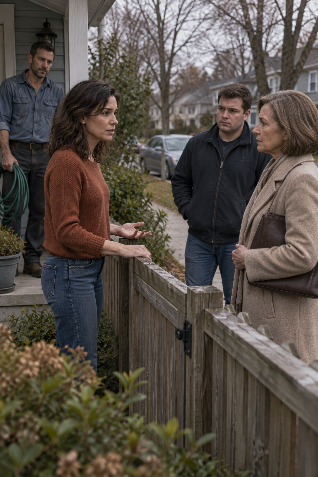 A closed wooden gate separates Mara from Diane and Nolan; Owen waits back by the porch.